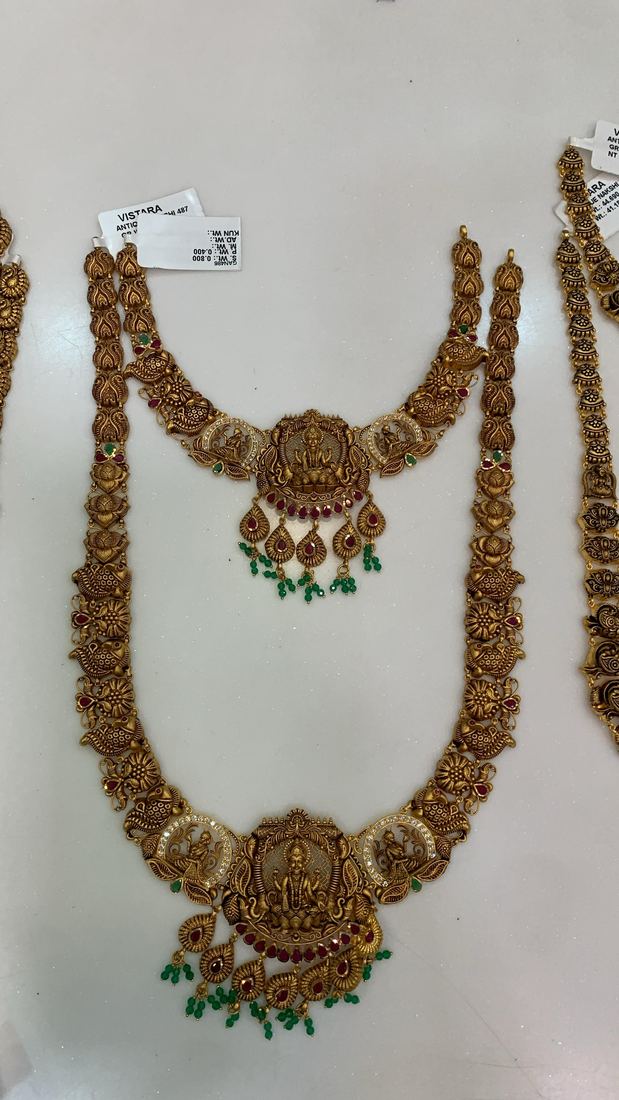 Antique-finish Lakshmi haram set with pearls and green beads