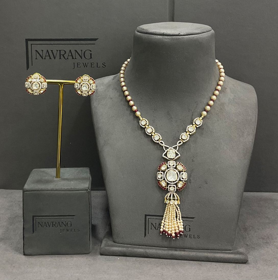 Diamond long necklace with pearl tassel pendant and matching studs