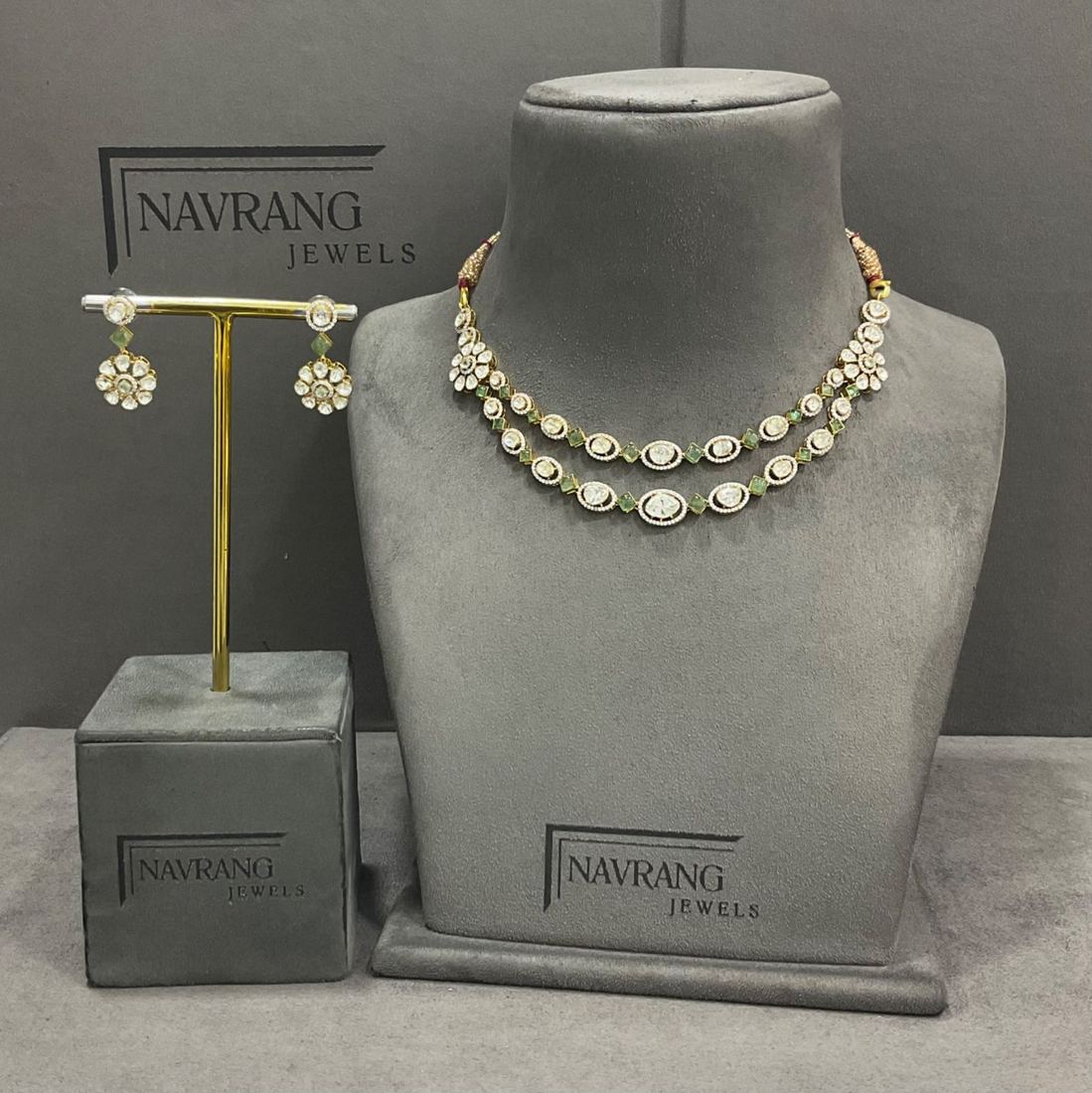 Diamond double-line necklace set with matching earrings