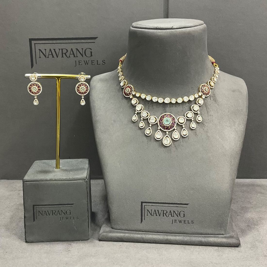 Diamond choker set with red and green stones