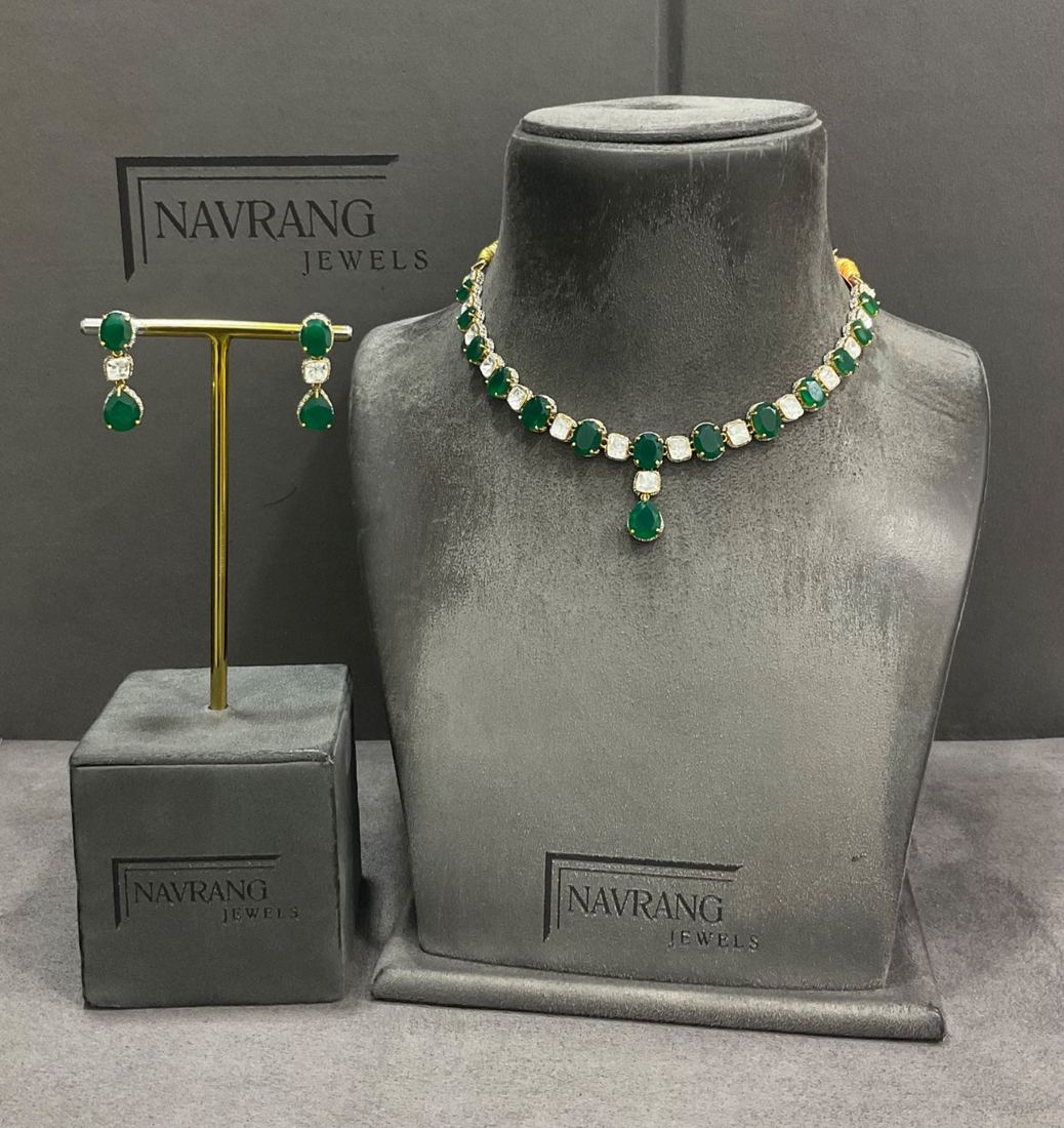 Green stone and diamond necklace with matching earrings