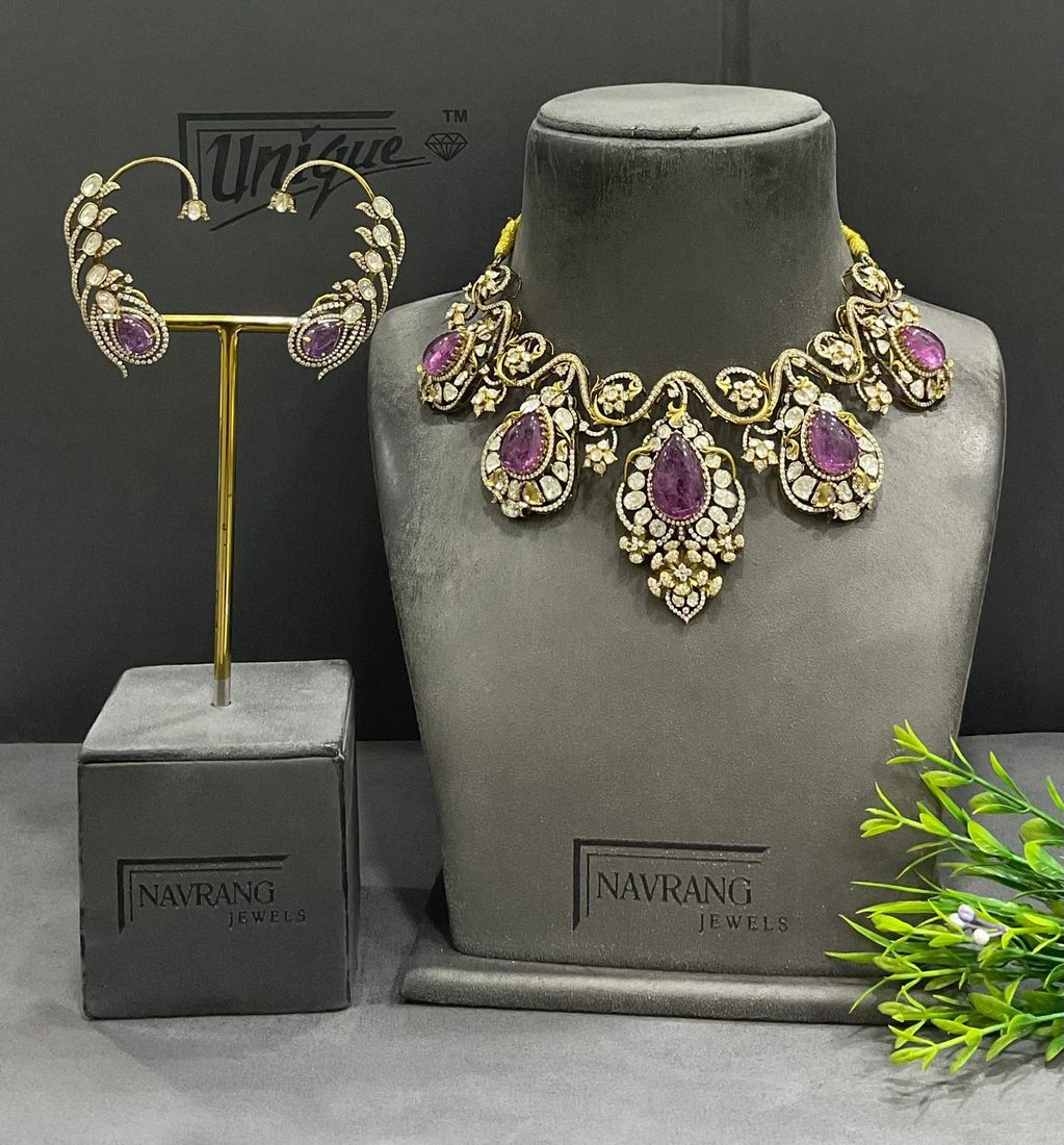 Victorian-style diamond choker with purple stones and ear cuffs