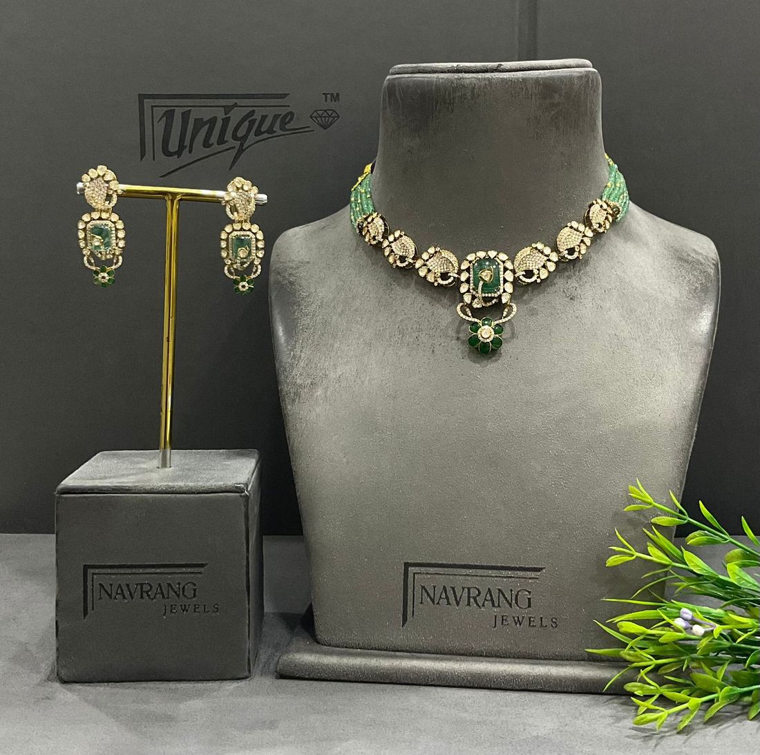 Diamond choker with green beads and matching earrings