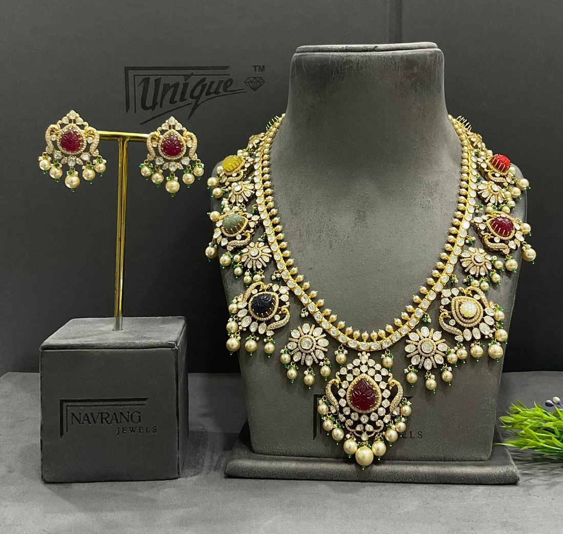 Long diamond haram with coloured stones and pearl drops