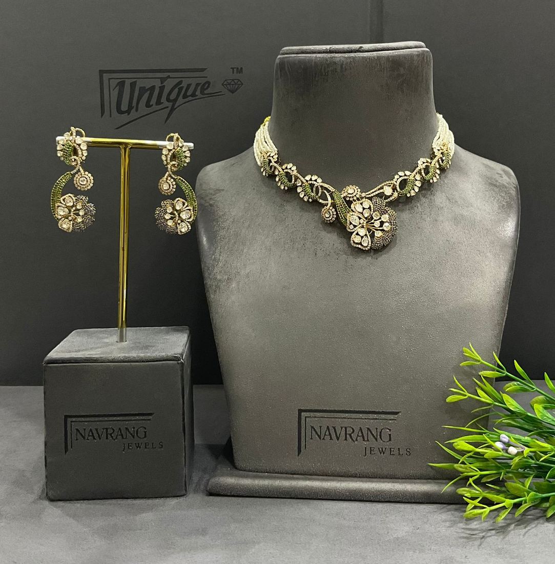 Diamond floral choker with pearl strands and matching earrings
