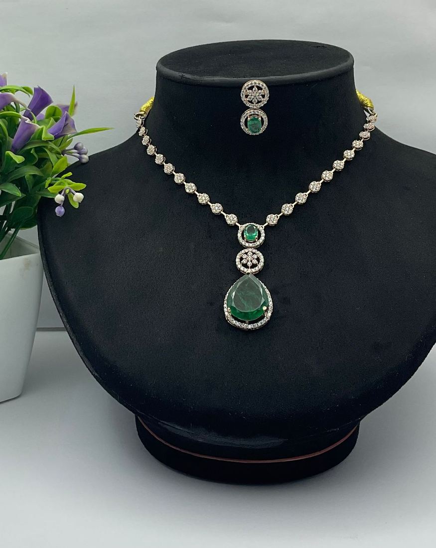 Diamond necklace with green stone drop and matching top piece