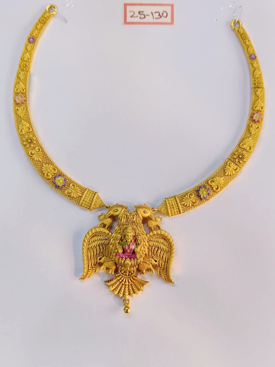 Antique-finish gold necklace with Lakshmi pendant