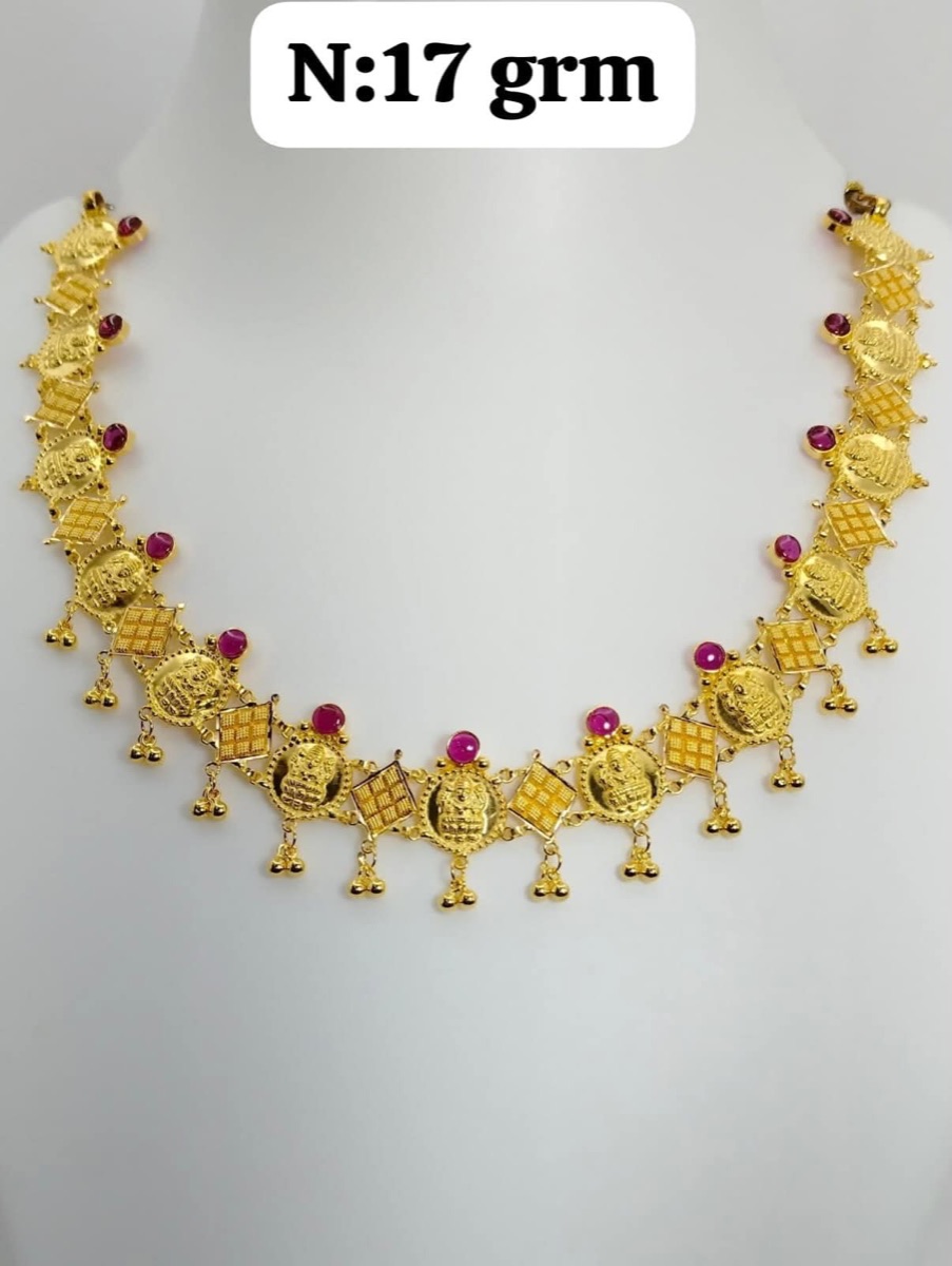 Gold Lakshmi kasu necklace with red stones